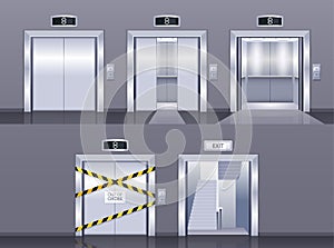 Realistic Opened, Ajar, Closed And Broken Metallic Elevator Doors For Office Building And Other Constructions, 3d Set