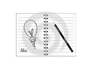 Realistic opened notebook template with lamp and pencil. Vector
