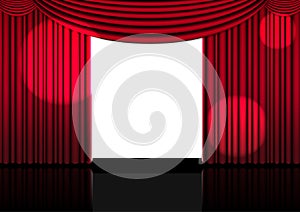 Realistic Opera stage indoor with a red curtain and Spotlight for comedy show or opera act movie. Vector