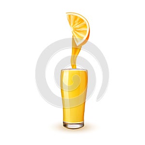 Realistic orange juice slice flowing in glass