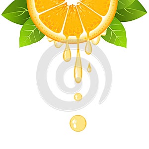 Realistic orange slice with leaves and drops of juice. Juicy fruit. Fresh citrus design on white background vector illustration