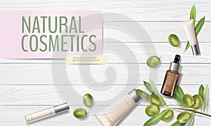 Realistic organic olive oil cosmetics ad. Natural essence farm plant leaves green olive fruits mesh 3D beauty care