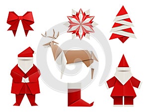 Realistic origami, Christmas set: Santa, deer, christmas tree, snowflake and so. Vector illustration.