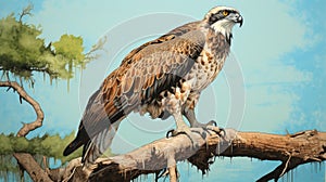 Realistic Osprey Painting On Tree Branch - Hyper-detailed Illustration