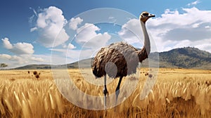 Realistic Ostrich Grazing In Vibrant Field - Creative Commons Attribution photo