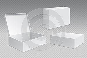 Realistic packaging boxes. White open cardboard pack, blank merchandising products mock up. Carton square container