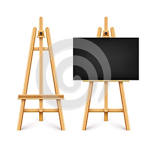 Realistic paint desk with blank black canvas. Wooden easel and a sheet of drawing paper. Presentation board on a tripod