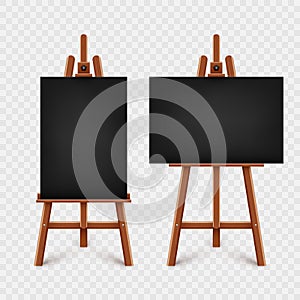 Realistic paint desk with blank black canvas. Wooden easel and a sheet of drawing paper. Presentation board on a tripod