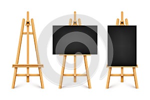 Realistic paint desk with blank black canvas. Wooden easel and a sheet of drawing paper. Presentation board on a tripod