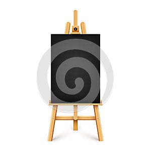 Realistic paint desk with blank black canvas. Wooden easel and a sheet of drawing paper. Presentation board on a tripod