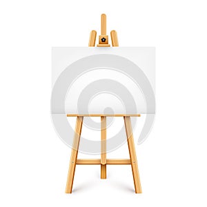 Realistic paint desk with blank white canvas. Wooden easel and a sheet of drawing paper. Presentation board on a tripod