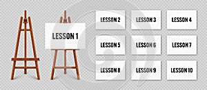 Realistic paint desk with text on white canvas. Wooden easel and a sheet of drawing paper. Presentation board on a