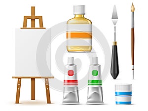 Realistic painter tools. Art supplies and equipments, oil and solvent, gouache jar and paintbrush, palette knife and