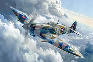 A realistic painting of an airplane soaring through the sky amidst fluffy white clouds, World War II era British fighter aircraft