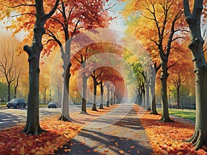 Realistic painting of an autumn scene featuring a tree-lined boulevard with leaves in vibrant colors covering the ground -