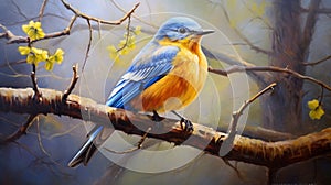 Realistic Painting Of A Blue Bird On A Branch