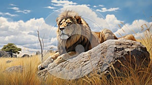 Realistic Painting Of A Brown Lion Sitting On Grass