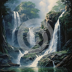 Stunning Waterfall Painting In The Style Of Jim Burns photo