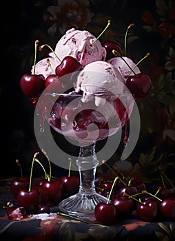 Realistic painting of cherry ice cream with whole frutes in a glass container. Still life style. photo