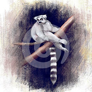 Realistic painting of cute ring-tailed lemur sitting on the tree on grunge background