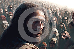 Realistic painting of Jesus with crowd, Whoever is not with me is against me photo