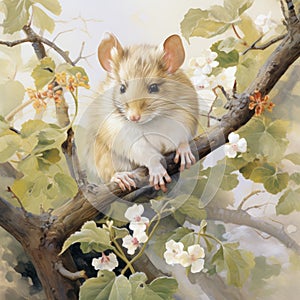 Realistic Painting Of Mouse On Branch By Alex Alemany