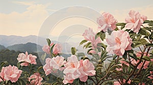 Realistic Painting Of Pink Flowers On A Mountain