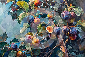 A realistic painting representing figs hanging from a tree branch, with attention to detail and vibrant colors, An impressionistic