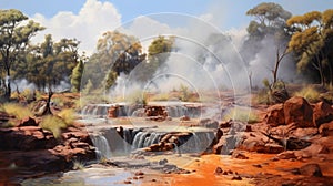 Realistic Painting Of Rockstrewn Steaming Pools By Sydney Artist George Devon Evans