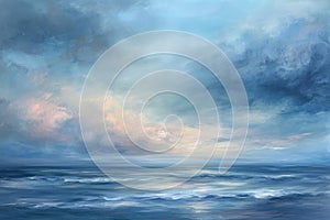 A realistic painting showcasing a cloudy sky hovering over a vast ocean, capturing the interplay of light and shadow, A tranquil