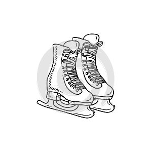 Realistic pair of figure ice skates in black isolated on white background. Hand drawn vector sketch illustration in doodle vintage