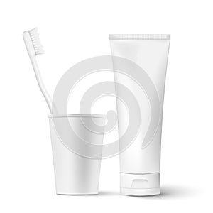 Realistic pair of toothbrushes in a glass with tube of toothpaste isolated on background. Vector illustration