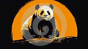 Realistic Panda Bear Portrait On Orange Background