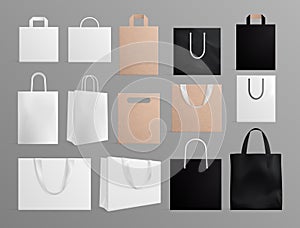 Realistic paper bags. Black white shopping bag mockup, blank fabric and craft handbags. 3d fashion eco packaging for
