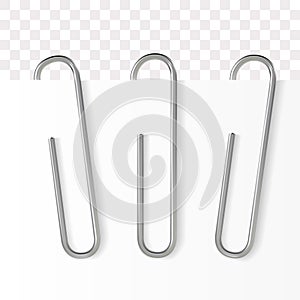 Realistic paper clip. Metallic fastener on transparent background. Vector illustration.