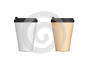 Realistic paper coffee cups with lid front view. Coffee to go blank. Vector illustration isolated on white background