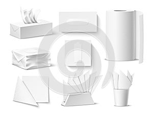 Realistic paper napkins packaging. White tissue paper mockup, different types, boxes, rolls and stands, kitchen towels