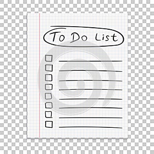 Realistic paper note. To do list icon with hand drawn text. School business diary. Office stationery notebook on isolated