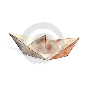 Realistic paper origami boat isolated on white background. Watercolor hand drawing detailed illustration. Art for design