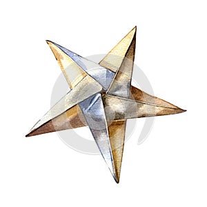 Realistic paper origami star isolated on white background. Watercolor hand drawing detailed illustration. Art for design