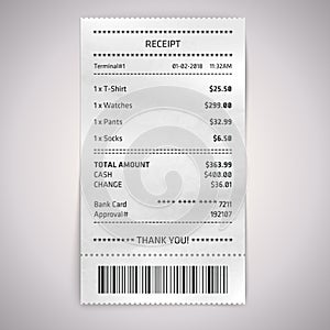 Realistic paper shop receipt with barcode