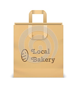 Realistic paper shopping bag. 3D bakery craft sack. Isolated cardboard store package with calligraphic lettering. Carrying bread