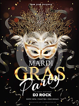 Realistic party mask illustration with shiny text mardi gras and ribbons for carnival party.