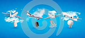 Realistic passenger airplane mock up, airliner on blue sky. Modern aircraft flight isolated on blue background. 3d