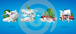 Realistic passenger airplane mock up, airliner on blue sky and white car. Modern aircraft flight isolated on blue