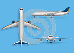 Realistic passenger airplane mock up, airliner in top, side, front view. Modern aircraft flight on blue