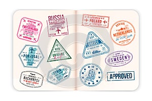 Realistic passport pages with visa stamps. Open foreign passport with custom visa stamps