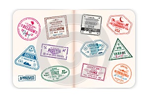 Realistic passport pages with visa stamps. Open foreign passport with custom visa stamps