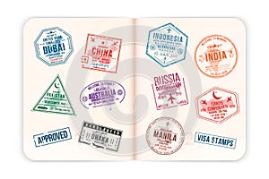 Realistic passport pages with visa stamps. Opened foreign passport with custom visa stamps. Travel concept