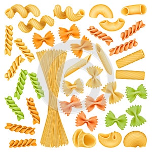 Realistic pasta, italian spaghetti, shells, farfalle and cavatappi. Italian cuisine dish, pasta types gemelli and penne vector